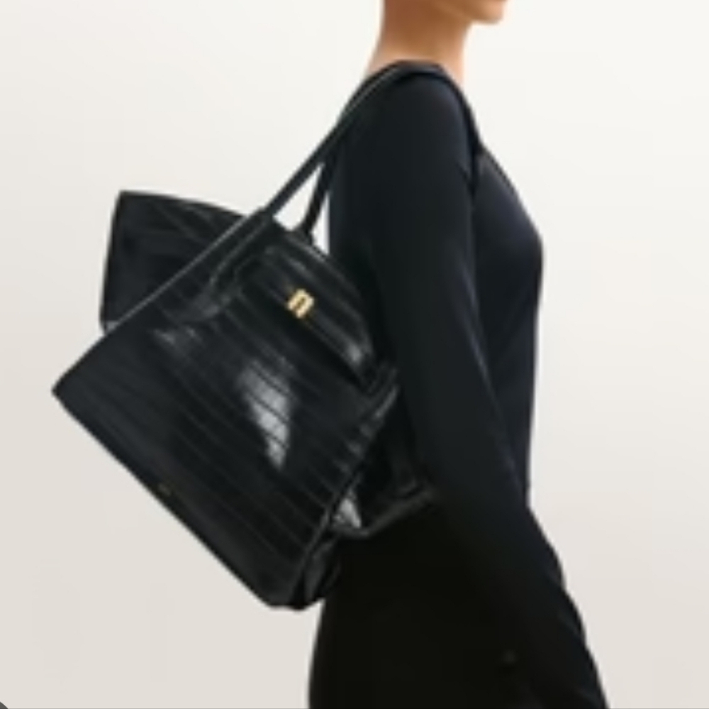 Elegant Vintage Black Leather Croc-Embossed Women's Tote Bag - Picture 5 of 15